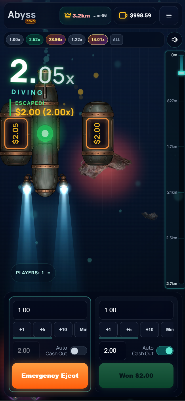 Abyss gameplay screenshot — submarine diving with live multiplier