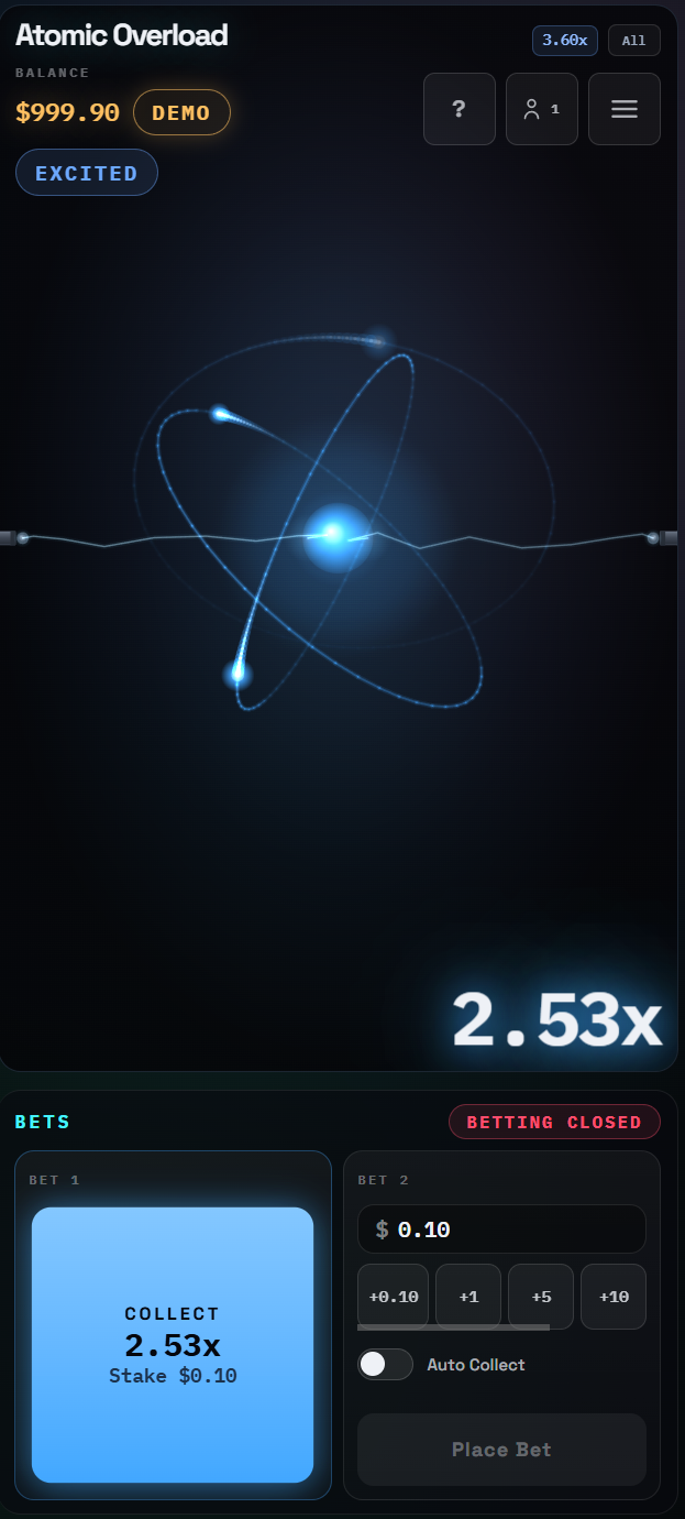 AtomicOverload gameplay screenshot — orbiting atom with live multiplier