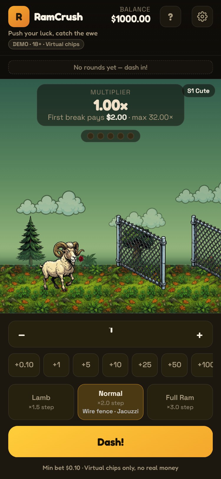 RamRun gameplay screenshot — ram facing a fence with live multiplier