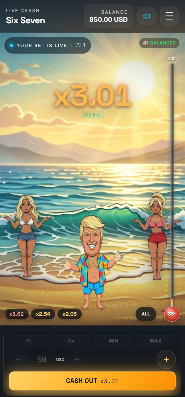 Six Seven gameplay screenshot — beach performer with live multiplier